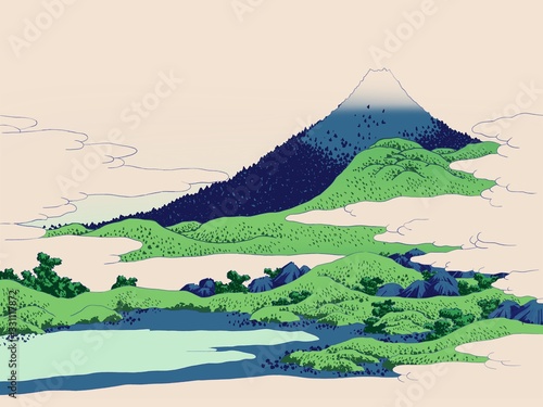 Illustration of Fuji mountain behind the natural giant hill on clear sky photo