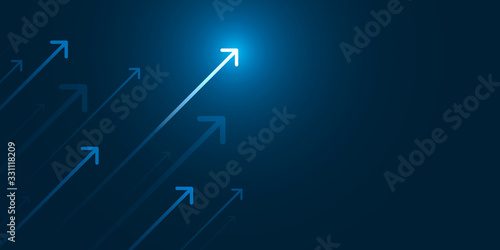 Obraz na plátne Up light arrow on dark blue background with copy space, business growth concept