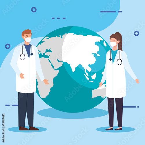 coronavirus 2019 with couple doctor and world planet vector illustration design