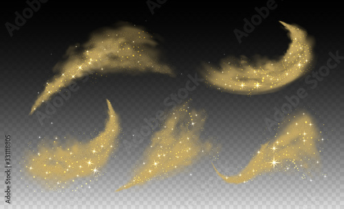 Stardust cloud, swoosh, glitter powder spray with star and particles of dust on transparent background. Realistic vector illustration.