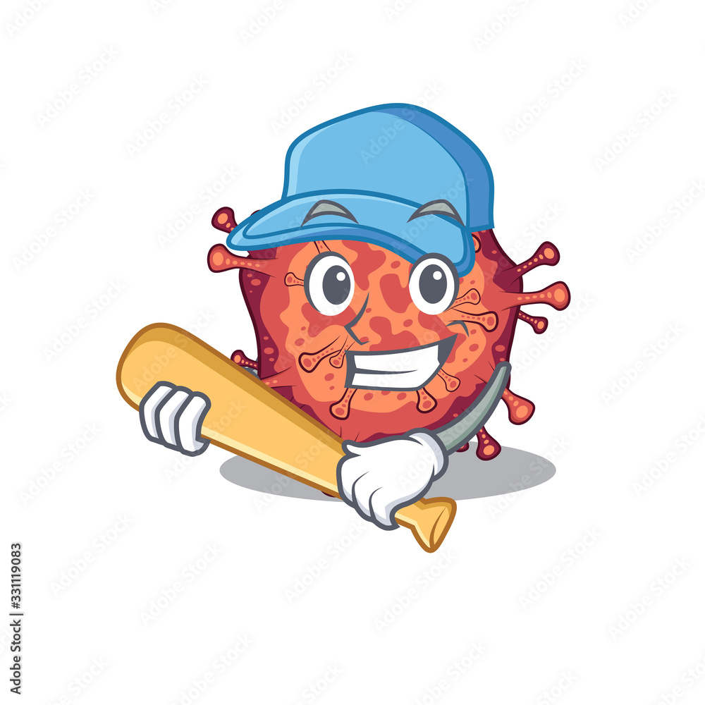 Mascot design style of contagious corona virus with baseball stick