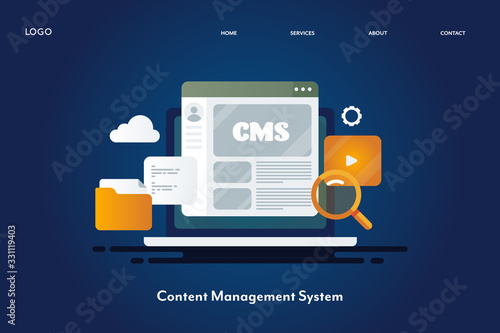 Content management system, manage online media files, blogging platform, content software system, internet and technology concept. Web banner design , landing page template.