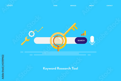 Keyword research tool, seo keyword analysis, website keyword optimization, internet technology concept. Flat design web banner, landing page template with blue background. photo