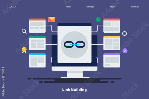 Link building, seo, digital marketing, content, internet and technology concept. Flat design web banner template for blog, social media, presentation.