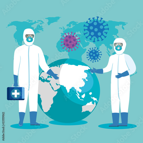 health professionals with protective clothing for coronavirus 2019 vector illustration design