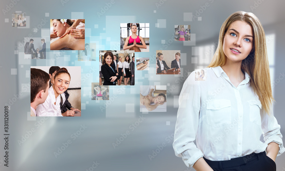 Obraz premium Business woman looks on images with her different hobbies.