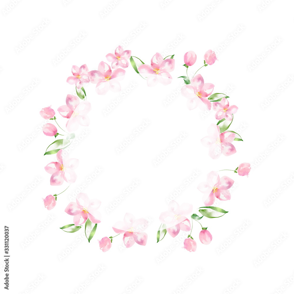 Round frame of delicate Apple flowers 2. Watercolor illustration. Isolated on a white background. Perfect for decorating wedding invitations, albums and posters