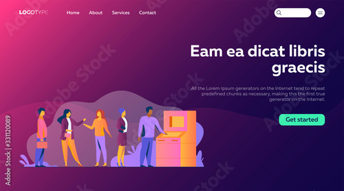 People waiting in queue for bank machine vector illustration. Customers standing in line for payment. Withdrawing money in bank