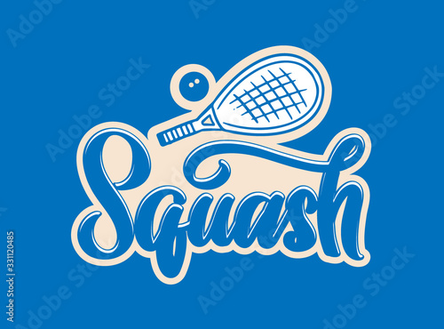 Squash emblem and logotype. Sport badge, sticker on blue background