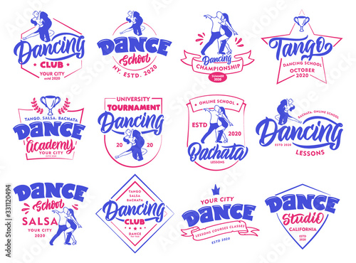 Set of vintage Dancing emblems and stamps. Sport color badges, stickers on white background isolated.
