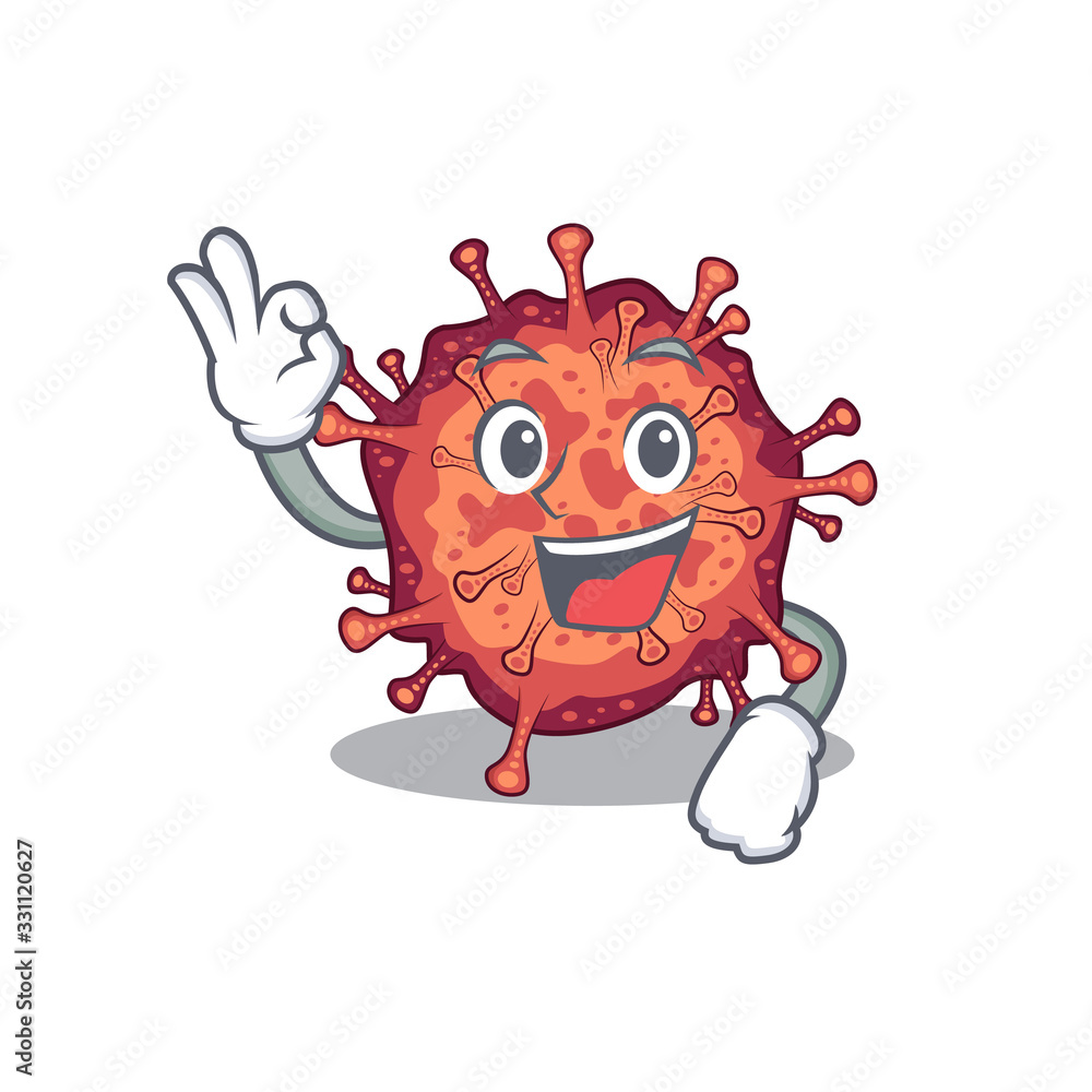 Contagious corona virus cartoon character design style making an Okay gesture