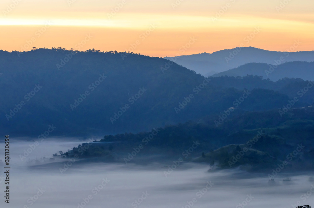  View Mountain  sunrise light morning mist mountain  Phu Lanka  in Phayao ,Thailand 