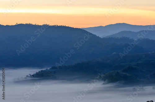 View Mountain sunrise light morning mist mountain Phu Lanka in Phayao ,Thailand 