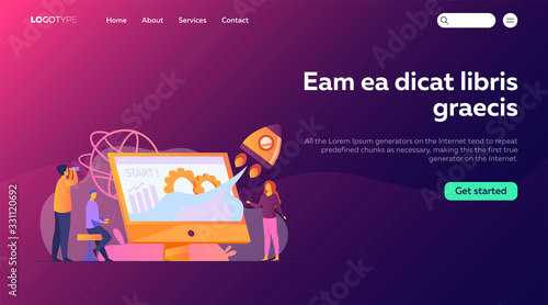 Team starting project. Workgroup working on startup, launching rocket from monitor with growth chart. Vector illustration for new business idea concept