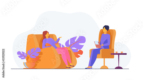 Woman visiting psychologist office. Patient sitting in armchair and talking to psychiatrist. Vector illustration for therapy session, psychotherapy counseling concept