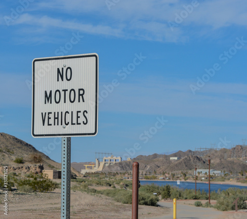 No Motor Vehicles Sign on the Colorado River in Clark County, Laughlin, Nevada USA