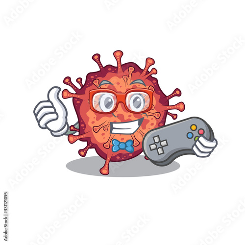 Cool gamer of contagious corona virus mascot design style with controller