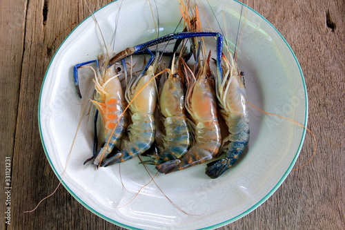 River Prawn seafood Thailand on the white disc ,shrimp fresh for food.