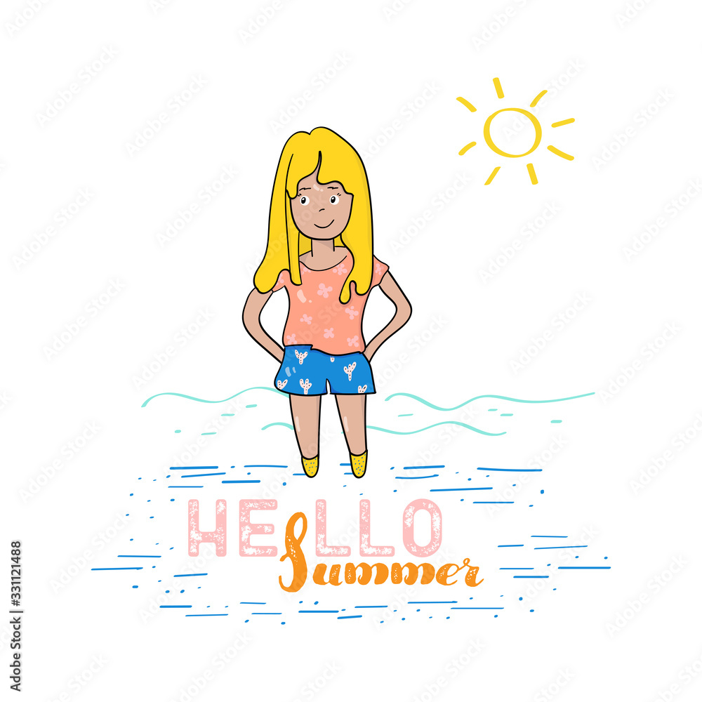 Cute summer beach girl. Hello summer slogan. Vector illustration for t-shirts , postcards and printed products. Cute summer beach girl. Hello summer slogan. Vector illustration for t-shirts , postcards and printed products.