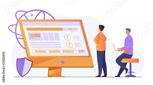 Developers testing software. Man with laptops watching infographics, fixing bugs, using computer. Vector illustration for application, programming, coding concept