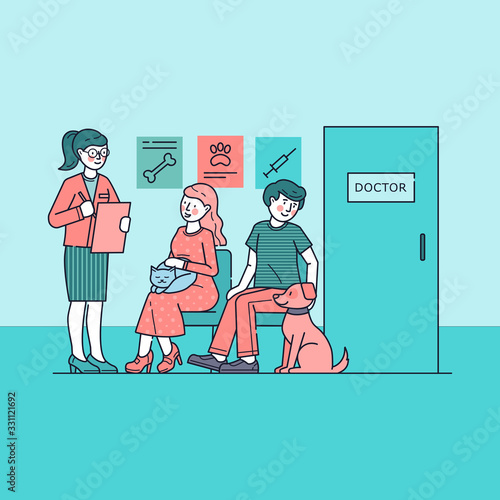 People with pets waiting for doctor in queue. Vet services for cat, medical care for dog vector illustration. Veterinarian clinic concept and pet owner sitting at hospital hall