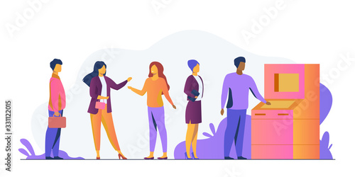 People waiting in queue for bank machine vector illustration. Customers standing in line for payment. Withdrawing money in bank