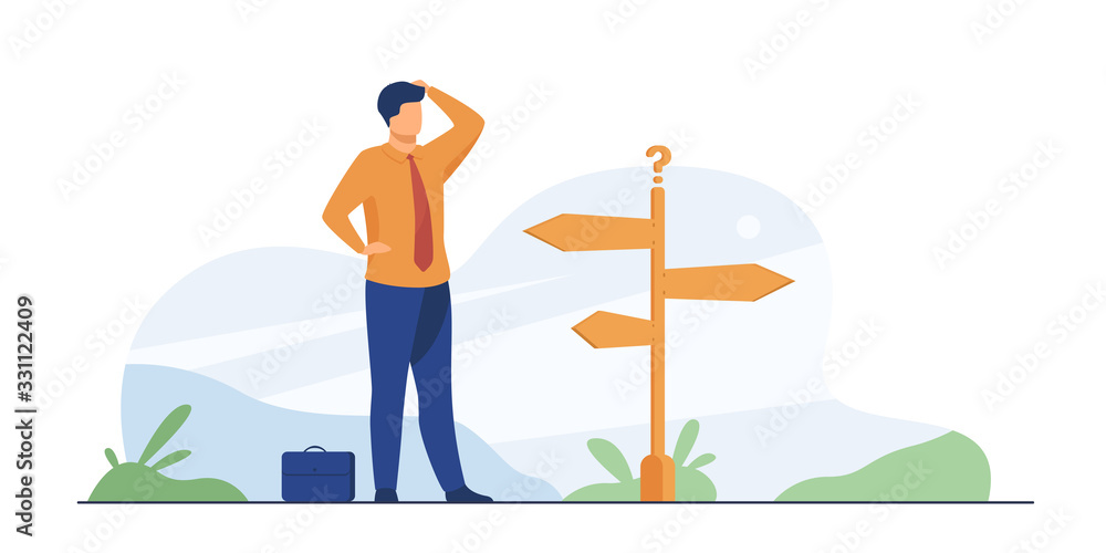 © SurfupVector - Pensive businessman making decision. Man in office suit standing at road direction signs. Vector illustration for opportunity, solution, idea concept © SurfupVector - Pensive businessman making decision. Man in office suit standing at road direction signs. Vector illustration for opportunity, solution, idea concept
