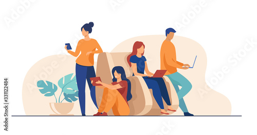 Digital device users spending time together. Group of men and women using laptop computers, tablet, smartphone. Vector illustration for web browsing, internet surfing, public access concept