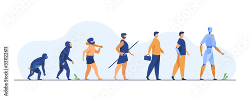 Human evolution from monkey to cyborg. Primate, ancestor, caveman, homo sapience, disabled man with prosthesis, robot. Vector illustration for anthropology, history, development concept photo