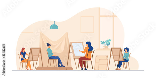 Model posing for art workshop. Artists with easels painting from life. Vector illustration for artistic school, drawing, class concept