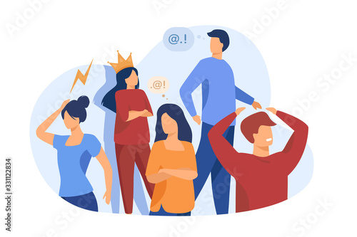 Group of people with problem behavior. Arrogant, angry, bored, selfish, proud man and woman failing in communication. Vector illustration for society, social skills concept