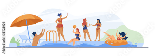 Happy people enjoying swimming pool party. Men and women in swimwear playing ball, floating with inflatable donut, drinking cocktails. Vector illustration for summer, vacation, leisure concept