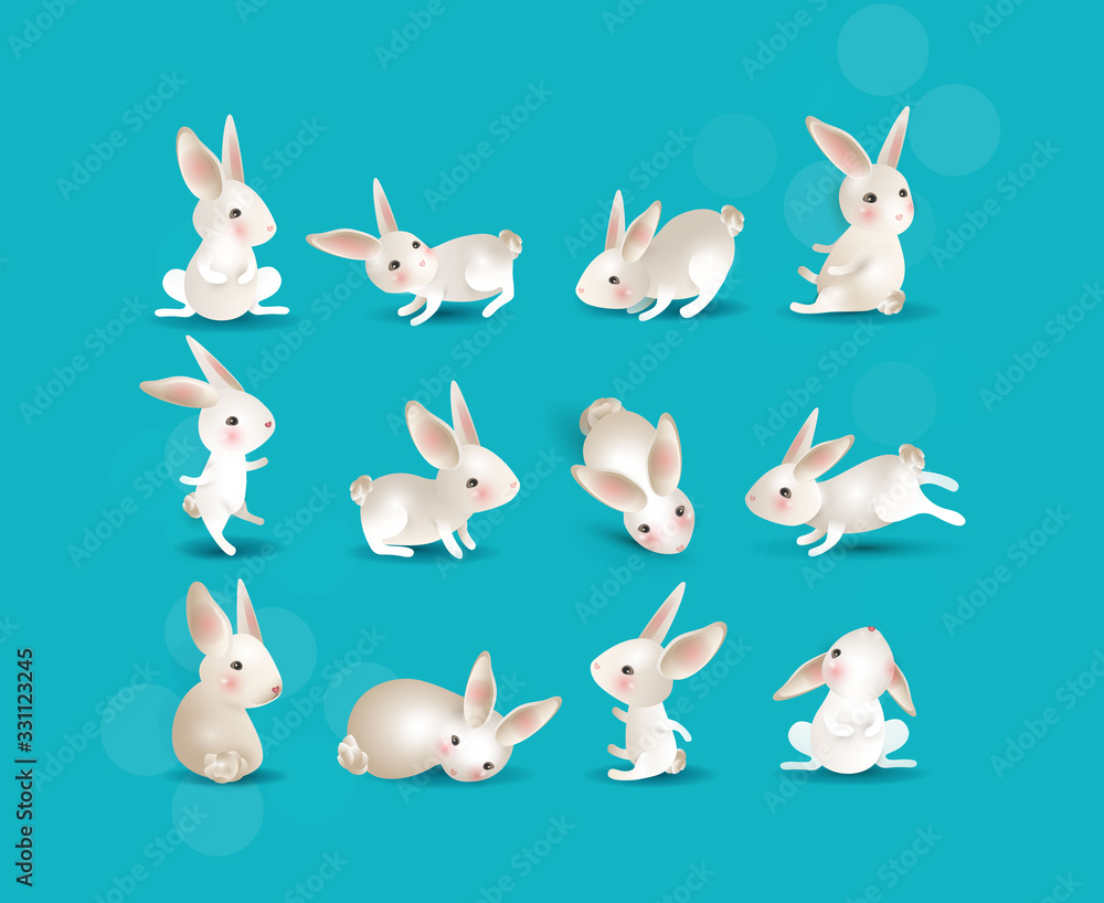 Set of 12 cute white hares in different poses on blue background. For Happy Easter greeting cards, festive banners, birthday invitation, characters for children, design elements. Vector illustration.
