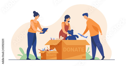 Volunteers packing donation boxes. People donating toys, foods, sweets. Vector illustration for charity, welfare, assistance concept