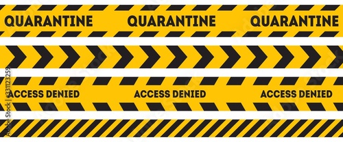 Yellow and black warning line. Caution and danger tapes. Quarantine. Access denied © Marina