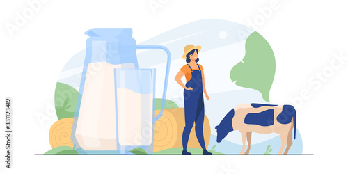Fresh milk in glass jug. Cow pasturing on farming field. Vector illustration for farm food, nutrition, diet, calcium, casein concept