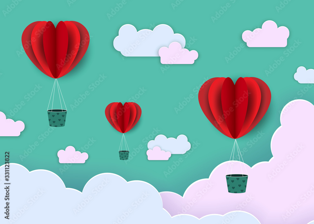 Abstract background in paper style. Red hearts, balloons on a green background.
