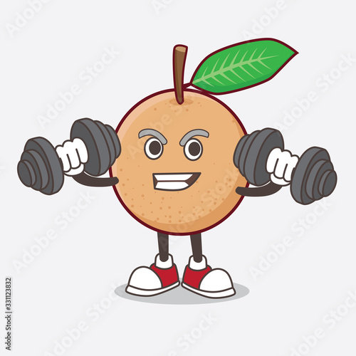 Longan Fruit cartoon mascot character on fitness exercise trying barbells