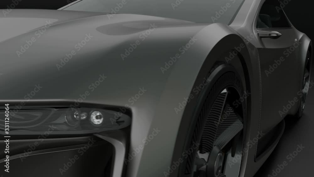 4 different camera angles of black electric sports car. Black background. 3D rendering animation. 4 different camera angles of black electric sports car. Black background. 3D rendering animation.