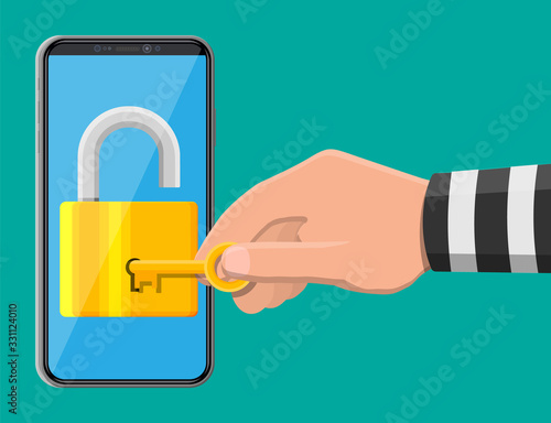 Thief or hacker hand use key to open smartphone. Hack, cyber security network concept. Phone with padlock on screen. Mobile safety, protection, internet security. Vector Illustration in flat style