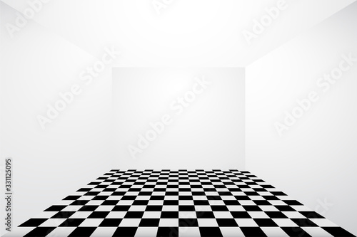 Empty Room Interior White Wall With Checkered Black and White Tile 3d Perspective Front View Vector Illustration