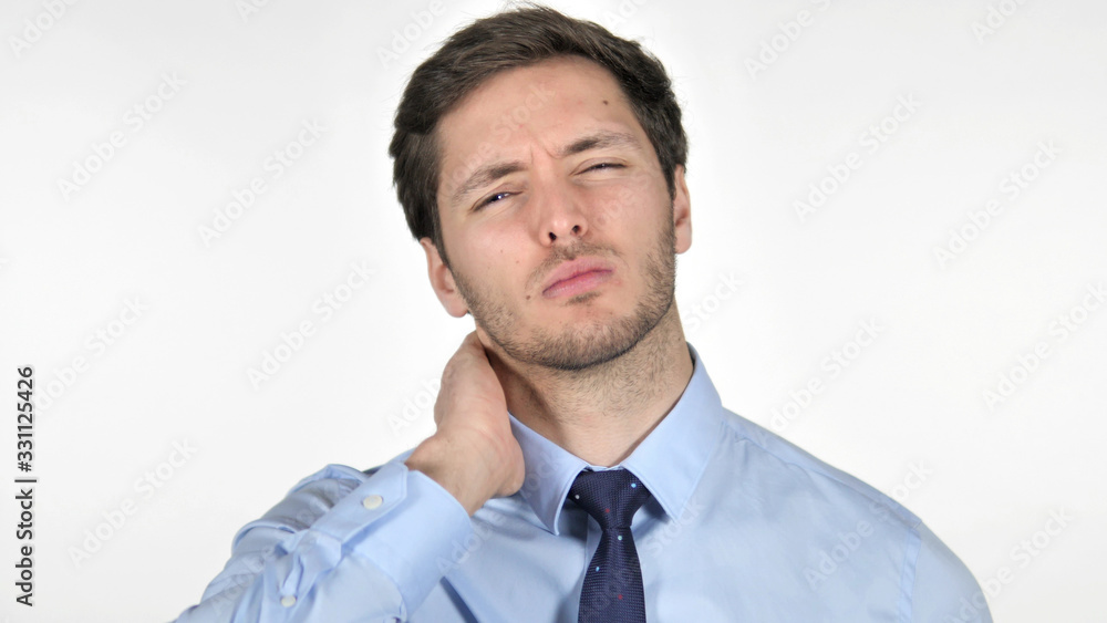 Young Businessman with Neck Pain, White Background Young Businessman with Neck Pain, White Background