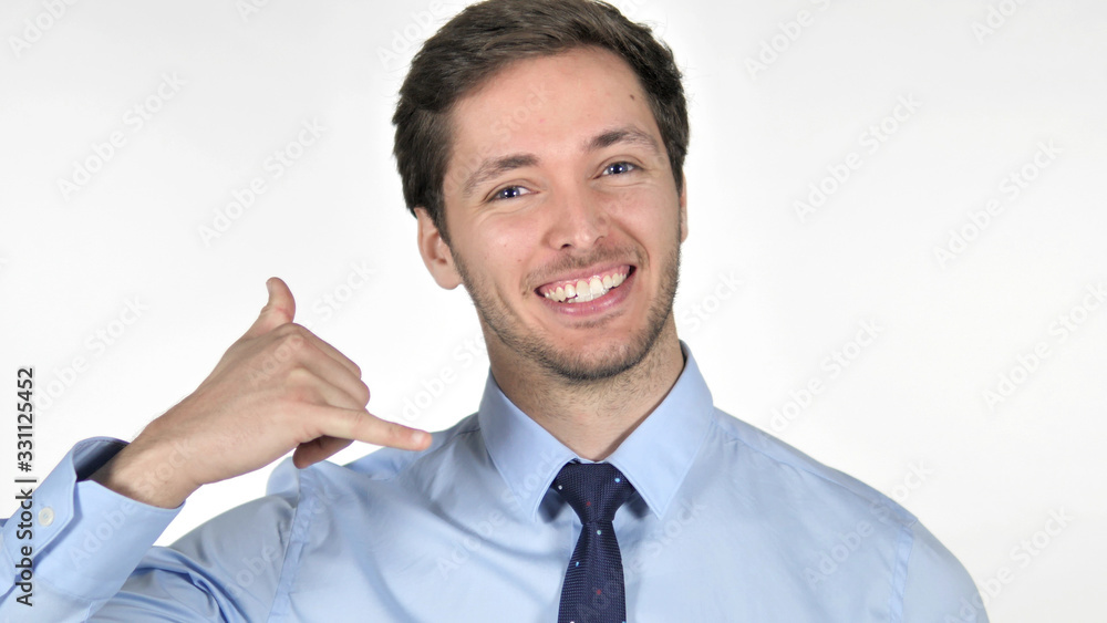 Contact Us, Call me Gesture by Businessman Isolated on White Background Contact Us, Call me Gesture by Businessman Isolated on White Background