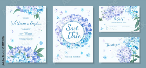 Wedding invitation card template. Floral design with blooming flowers of light-blue and violet Phloxes, green leaves. Vector illustration in delicate pastel palette