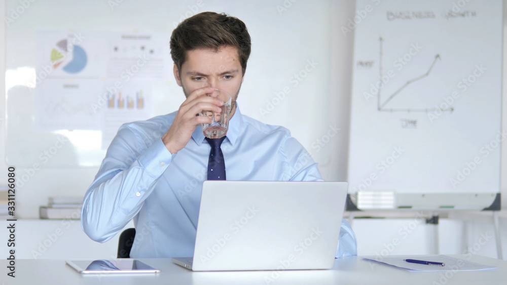 Fototapeta premium Young Businessman Drinking Water while Working on Laptop