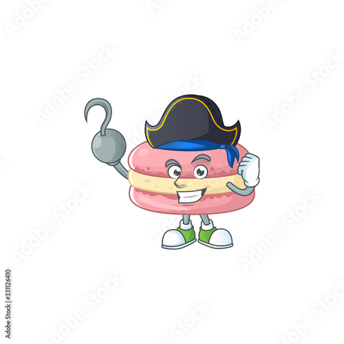 One hand Pirate cartoon design style of strawberry macarons wearing a hat