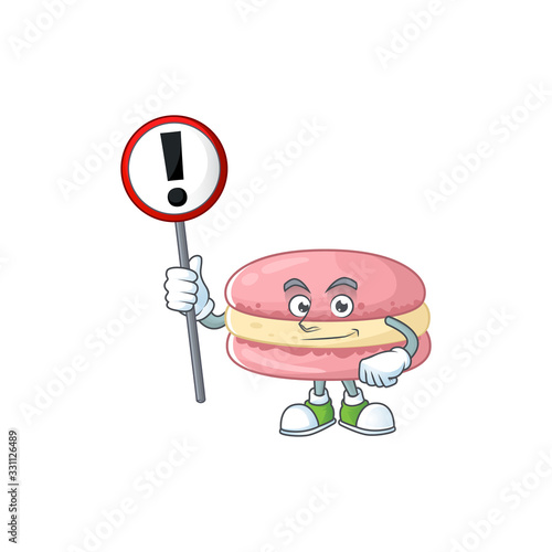 Smiling cartoon design of strawberry macarons with a sign