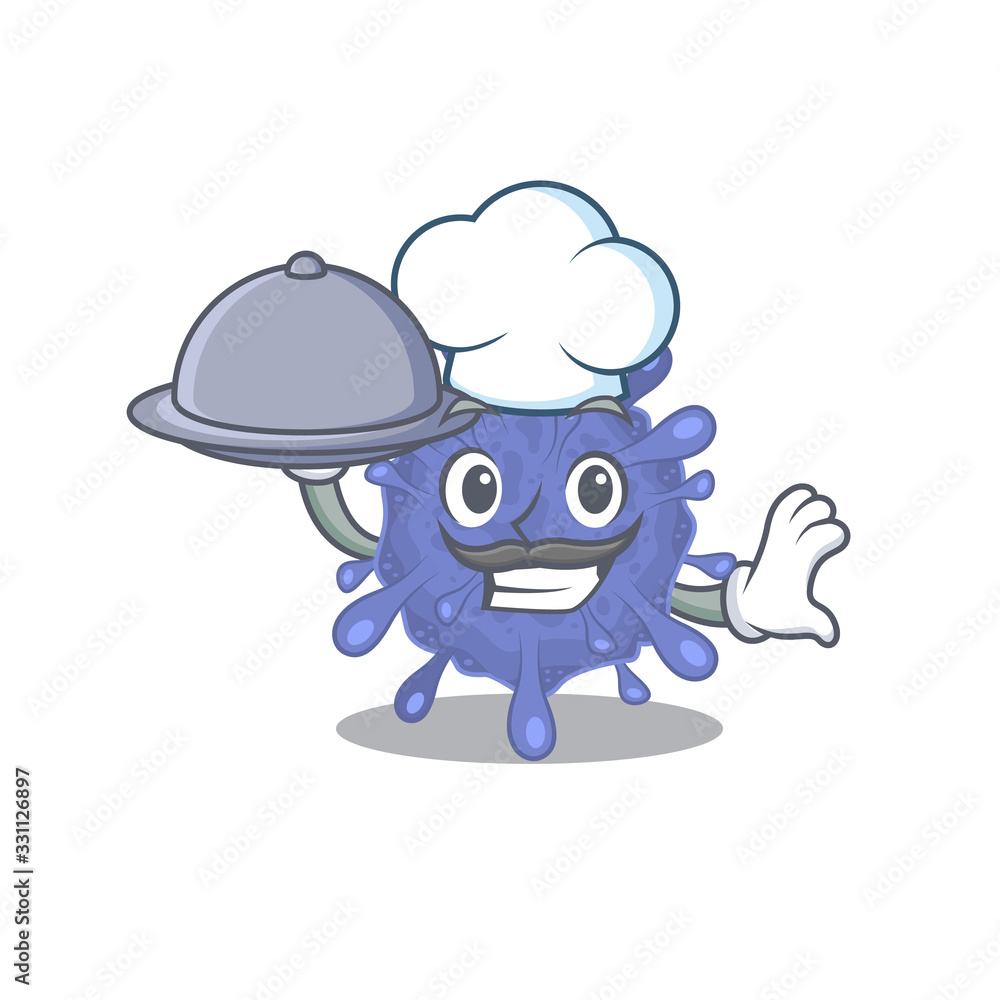 Biohazard viruscorona as a chef cartoon character with food on tray Biohazard viruscorona as a chef cartoon character with food on tray