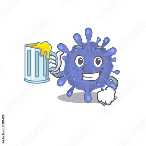 Cheerful biohazard viruscorona mascot design with a glass of beer