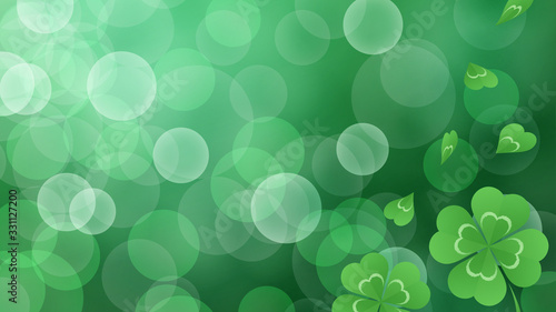 四つ葉のクローバーのイラスト_緑のキラキラ背景_16:9